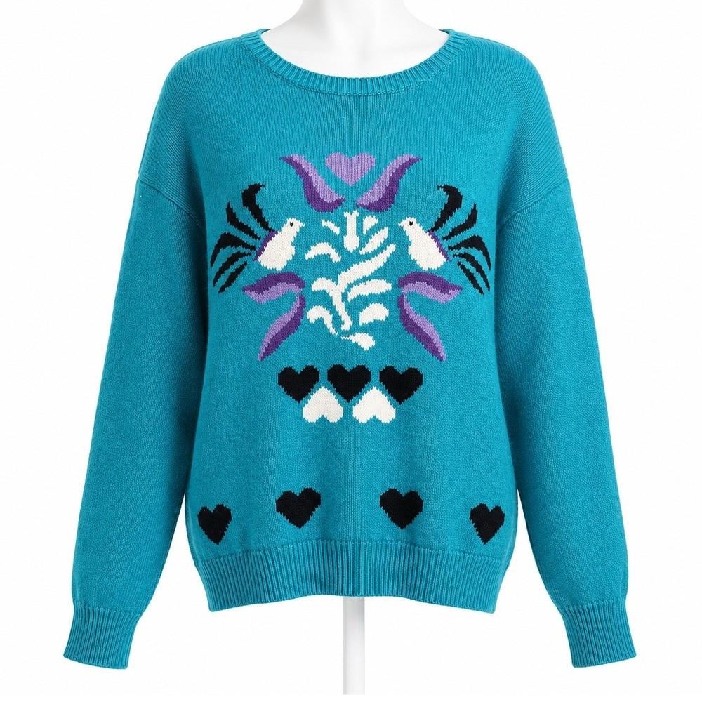 Tan Jay Lovebird Heart Novelty Knit Sweater Birds Hearts Blue Womens Small
